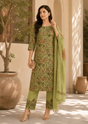 3 PCS  Green Cotton Ready Made Thread Work Shalwar